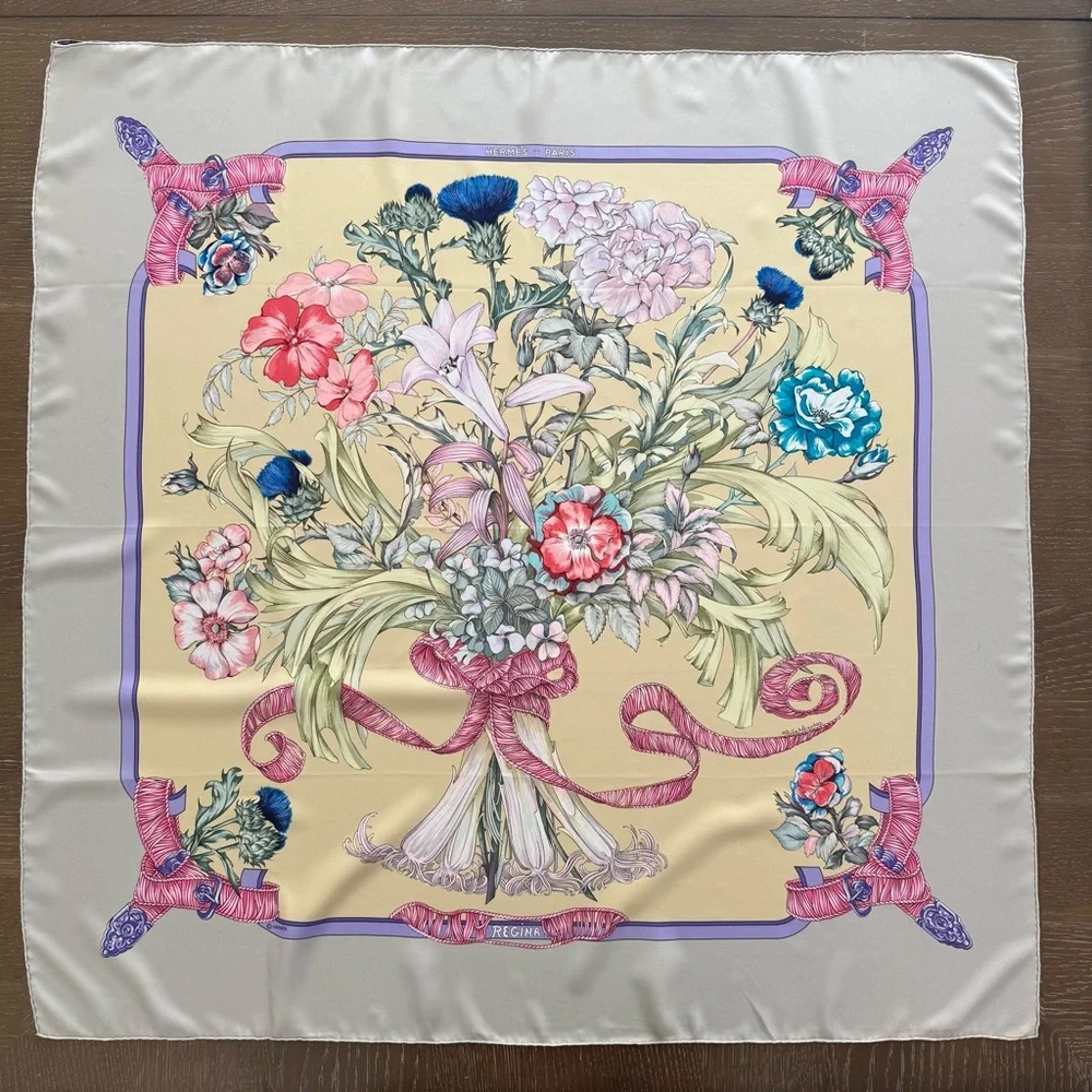 Hermes Floral Bouquet Silk Scarf in Cream Pink Blue